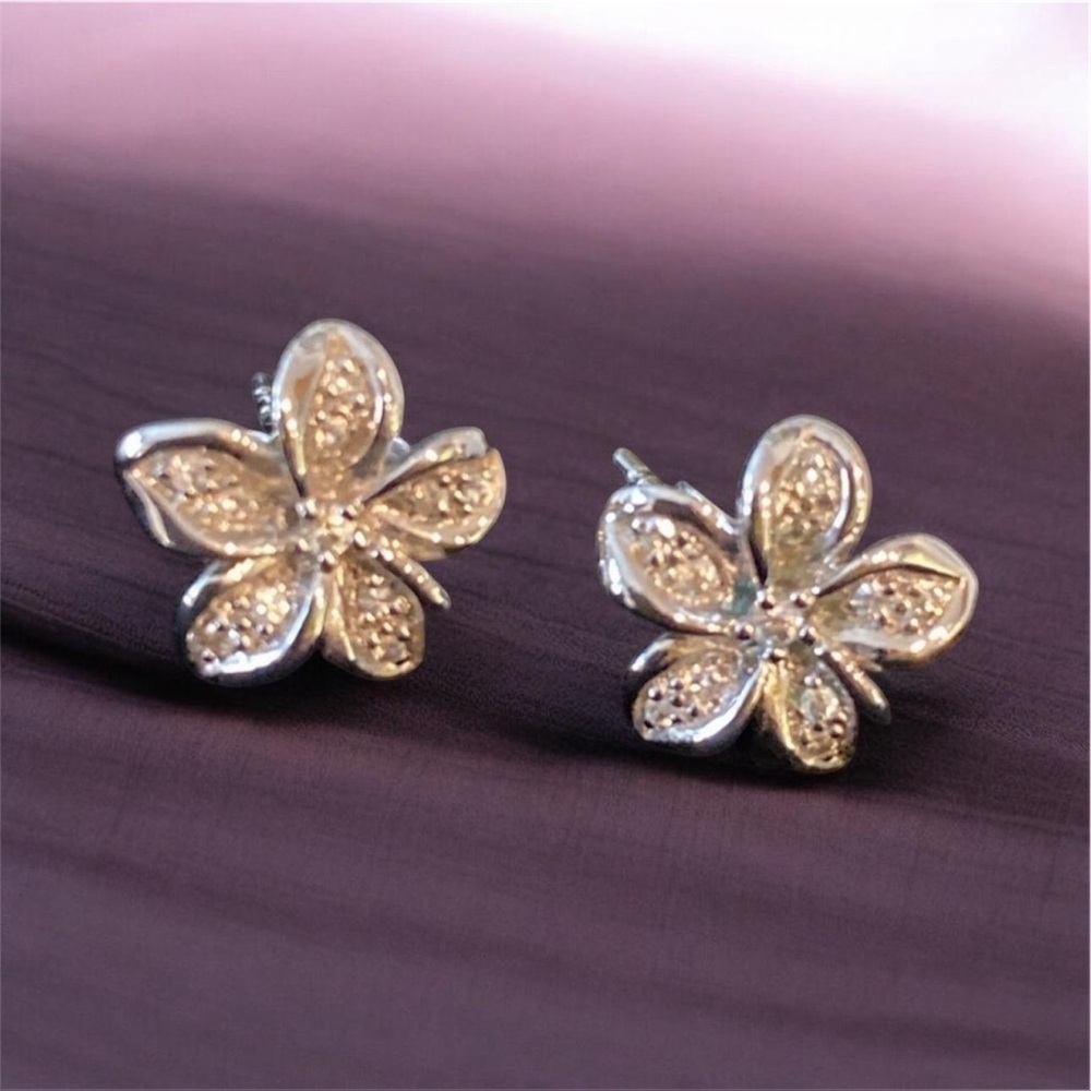 Silver Hibiscus Earrings with Crystals marked 925